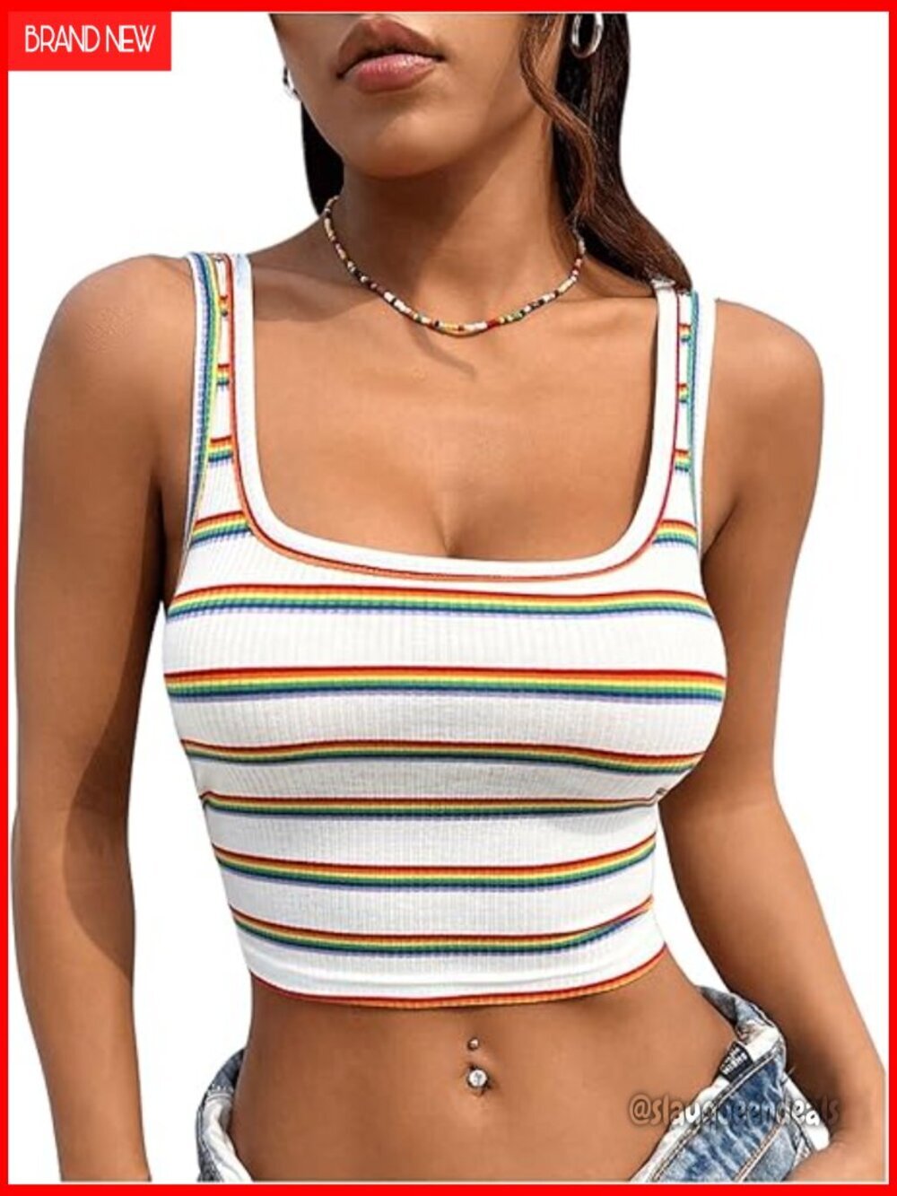 Women's Striped Crop Tank Top Sleeveless Square Neck Lightweight Stretch